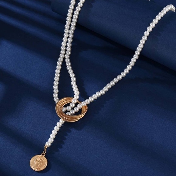 NWB Boho Festival Gold Pearl Layered Multistrand Women’s Chain Necklace - Picture 5 of 6